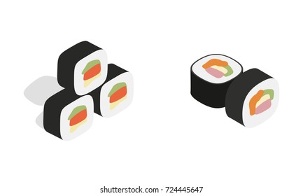 Sushi icon set. Isometric set of sushi vector icons for web isolated on white background