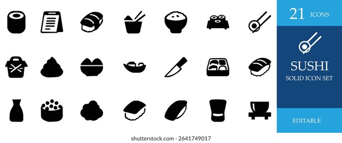 Sushi icon set with Japanese dishes like maki, sashimi, salmon, rice, wasabi, and soy sauce. Perfect for food, restaurant, and culinary projects in a minimalist vector style.