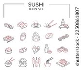 Sushi icon set of Japanese food line icon. Included the icons as sushi, sashimi, maki, sushi roll and more. Two-colored.