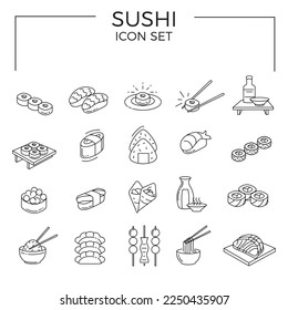 Sushi icon set of Japanese food line icon. Included the icons as sushi, sashimi, maki, sushi roll and more.