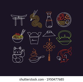 Sushi icon set in line neon style drawing on dark background