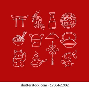 Sushi icon set in line style drawing on red background