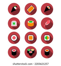 Sushi icon set with long shadow. Isolated sushi roll of different types. Japan traditional food in flat design. Sushi in color. Template for menu sushi bar, restaurant, website. Vector illustration