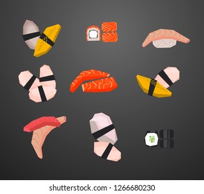 Sushi icon set - low polygonal cartoon style minimal slice of eel, trout, salmon, squad, tuna in nori seaweed, cucumber maki, philadelphia roll - design menu restaurant delivery, flyer, web background