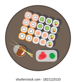 
sushi icon set with soy sauce ginger chinese chopsticks and wasabi. Different rolls with salmon avocado pepper cream cheese seaweed. Vector graphic illustration for food restaurants