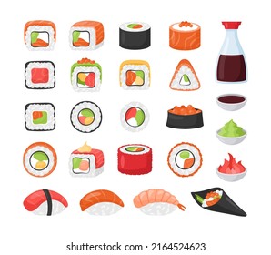 Sushi icon set. Vector collection of various sushi roll, sashimi with shrimp, salmon and tuna, gunkan. Japanese cuisine, traditional food. Asian food. Roll with fish, vegetables, wasabi soy ginger