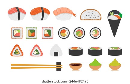 Sushi-Icon-Set. Vektorgrafik Kollektion von verschiedenen Sushi-Rolle, Sashimi mit Garnelen, Lachs und Thunfisch, Gunkan. Japanische Küche, traditionelle Speisen. Asiatisches Essen. Brötchen mit Fisch, Gemüse und Käse