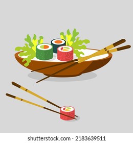 Sushi Icon. Vector flat design. Icon for presentation, training, marketing, design, web. Can be used for creative template, logo, sign, craft. Sushi on a plate. vectors Isolated japan food icon, soba,