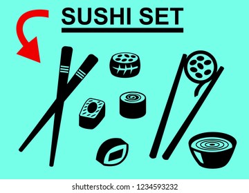 Sushi icons collection isolated. The set includes sushi sticks, rolls, soy sauce. Vector drawing illustration. Black flat symbol.
