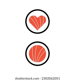 Sushi Icons Design Illustration Abstract on White Background. Love Japan Cuisine. Sushi Roll with Heart Shaped Salmon. Modern Symbols for Branding Identity, Banner, Outdoor Advertising, Web, Menu.