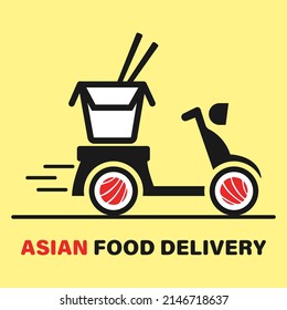 Sushi, icons, logo and illustration of Asian food delivery. An open cardboard box, a scooter with sushi wheels on a yellow background. Vector