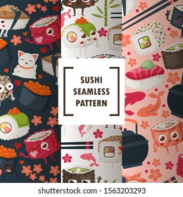 Sushi icons in seamless pattern, vector illustration. Funny cartoon characters, smiling mascots, different kinds of sushi. Wrapping paper for Asian food delivery pack, Japanese restaurant background