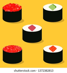 Sushi icons set. Asian food. Flat style food. Isometric icons. Vector illustration. 