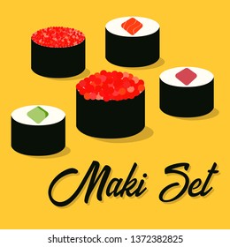 Sushi icons set. Asian food. Flat style food. Isometric icons. Vector illustration. 