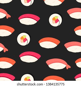 Sushi icons set. Asian food. Seamless pattern. Isometric icons. Flat style food. Vector illustration.