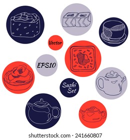 Sushi icons set in the circle. Vector. Hand drawn.