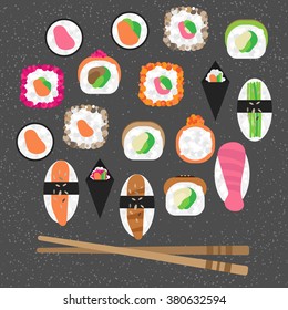 Sushi icons set. Flat design, bright colors. Vector stock illustration, EPS10