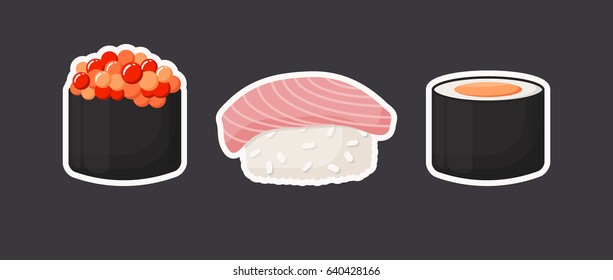 Sushi icons set, Flat design of asian food stickers, vector illustration