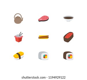 Sushi icons set. Gunkan and sushi icons with teapot, futomaki and fast food. Set of liquid for web app logo UI design.