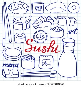 Sushi icons set. Hand-drawn cartoon collection of Japanese food - soy sauce, chopsticks, nigiri, gunkan, maki, futomaki sushi. Doodle pen drawing on the notebook page. Vector illustration