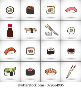 Sushi icons set. Hand-drawn collection of cartoon icons, japanese food -  soy sauce, chopsticks, nigiri, gunkan, maki, futomaki sushi. Doodle drawing. Vector illustration