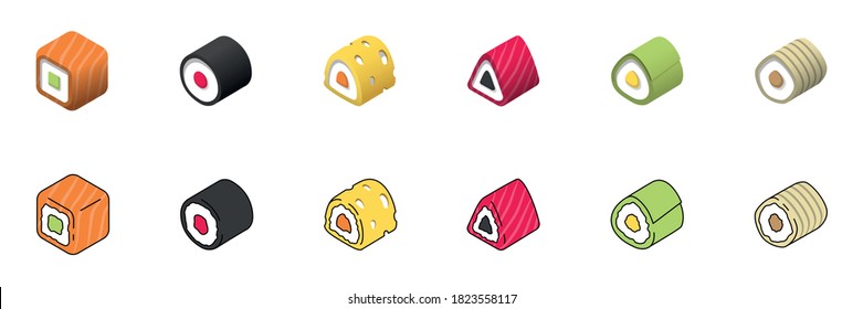 Sushi-Symbole gesetzt. Einzige Vektorgrafik von Handygames-Sprites. Design für Aufkleber, Logo, mobile App. Spielervermögen 2d flaches Sprite-Blatt.