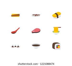 Sushi icons set. Sushi roll and sushi icons with soup spoon, soy and sake nigiri. Set of chopsticks for web app logo UI design.