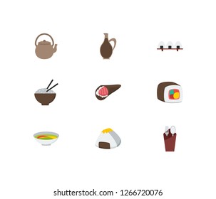 Sushi icons set. Sushi roll and sushi icons with soup, sauce and fork with spoon. Set of chopsticks for web app logo UI design.