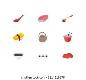 Sushi icons set. Saba nigiri and sushi icons with soup spoon, tamago nigiri and sashimi. Set of liquid for web app logo UI design.
