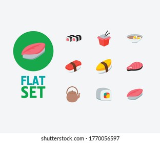 Sushi icons set. Saba nigiri and sushi icons with egg soup, salmon and teapot. Set of portion for web app logo UI design.