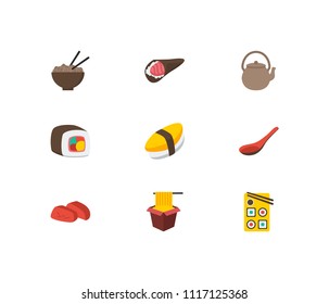 Sushi icons set. Sashimi and sushi icons with japan food, hawker and unagi nigin. Set of egg for web app logo UI design.