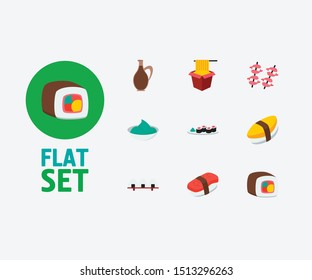 Sushi icons set. Unagi nigin and sushi icons with sushi roll, wasabi and sushi set. Set of egg for web app logo UI design