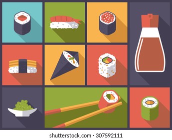 Sushi Icons Vector Illustration. Horizontal flat design illustration with sushi related icons