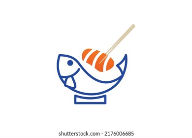 Sushi illustration, bowl and salmon sushi logo icon template concept