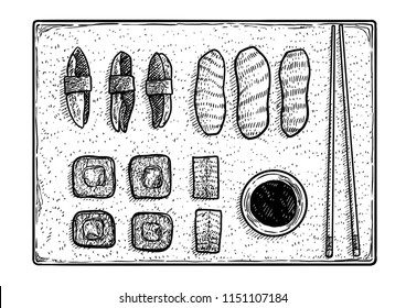 Sushi illustration, drawing, engraving, ink, line art, vector