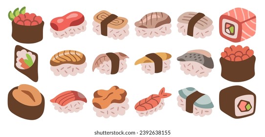 Conjunto de iconos de ilustración de sushi. Plano estilizado sobre fondo blanco.
