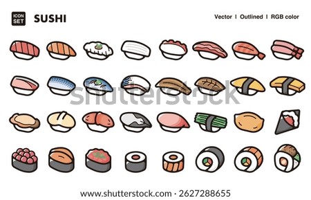 Sushi illustration icon set.Simple vector outlines, clipart for graphic design.