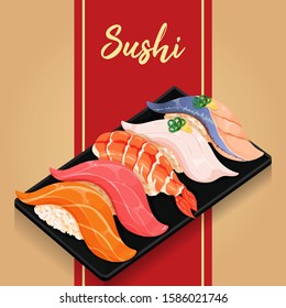 Sushi illustration on red background vector.