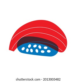 Sushi illustration with red fish in flat minimalism. Sushi abstract vector illustration. Sushi icons. Asian Cuisine elements. Isolated. Blue and red food symbol. Can be use for restaurants menu. 