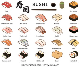 Sushi illustration set. Japanese: Conveyor belt sushi