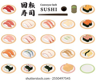 Sushi conjunto de ilustração. Japonês: Conveyor belt sushi (Sushi no cinto transportador)