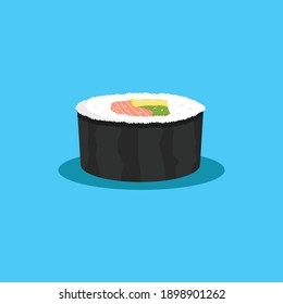 sushi illustration with topping salmon, avocado, eggs, and sprinkled sesame. sushi illustration flat design style, japan traditional illustration, sushi vector