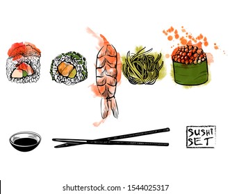 Sushi illustration. Vector sketch and watercolor background