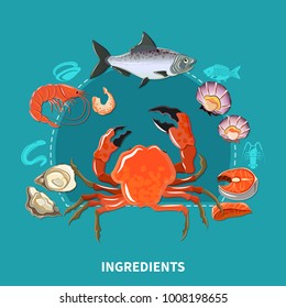 Sushi ingredients composition with carcasses of sea inhabitants from which make sushi vector illustration