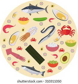 Sushi ingredients: eel, roe, salmon, squid, avocado, tuna, crab, rice, seaweed and etc.