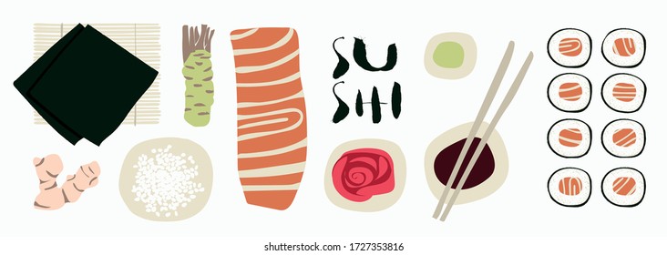 Sushi ingredients and rolls, ginger, salmon, rice, wasabi, nori, soy sauce, chopsticks