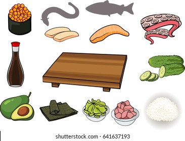 Sushi ingridiens set: caviar, eel, salmon, octopus, soy sauce, cucumber, avocado, nori, wasabi, rice, ginger, pop art cartoon style. Hand drawn isolated on white background.