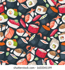 Sushi isolated icons in seamless pattern, vector illustration. Wrapping paper design for Japanese restaurant food delivery packages. Traditional Asian cuisine seafood dish, sushi and rolls menu cover