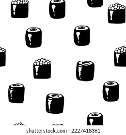 Sushi isolated icons in seamless pattern, vector illustration. Wrapping paper design for Japanese restaurant food delivery packages. Traditional Asian cuisine seafood dish, sushi and rolls menu cover.