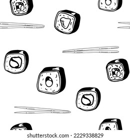 Sushi isolated icons in seamless pattern, vector illustration. Wrapping paper design for Japanese restaurant food delivery packages. Traditional Asian cuisine seafood dish, sushi and rolls menu cover,